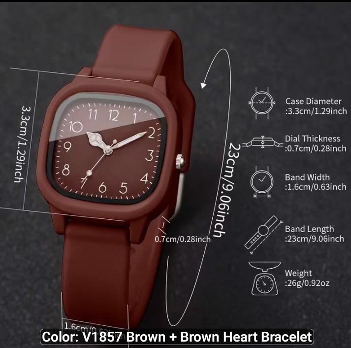 Women's Elegant Square Dial Silicone Watch & Heart Bracelet Set – 2PCS