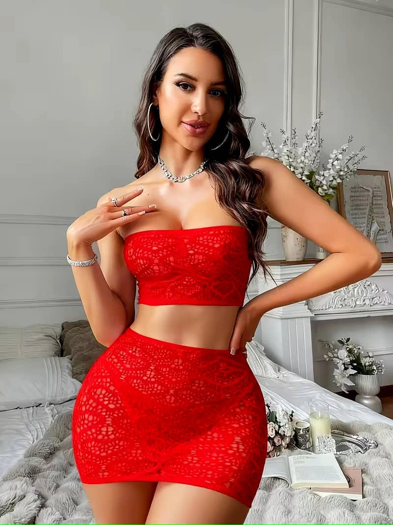 Women's Fishnet Cover-Up Tube Top & Mini Skirt Set